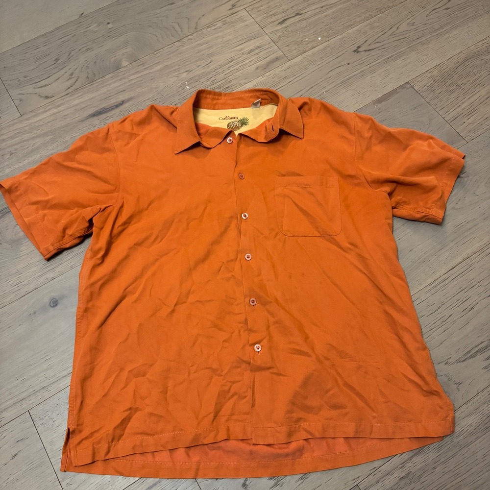 Caribbean Mens XL Orange Silk Cotton Short Sleeve Button Down Camp Shirt Pocket